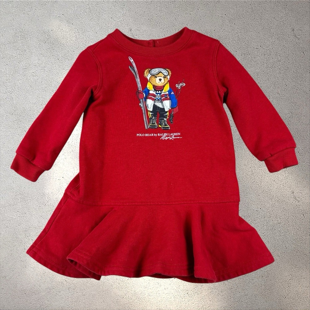 Ralph Lauren Polo Ski Bear Red Fleece Sweater Dress Long Sleeve 12 Months